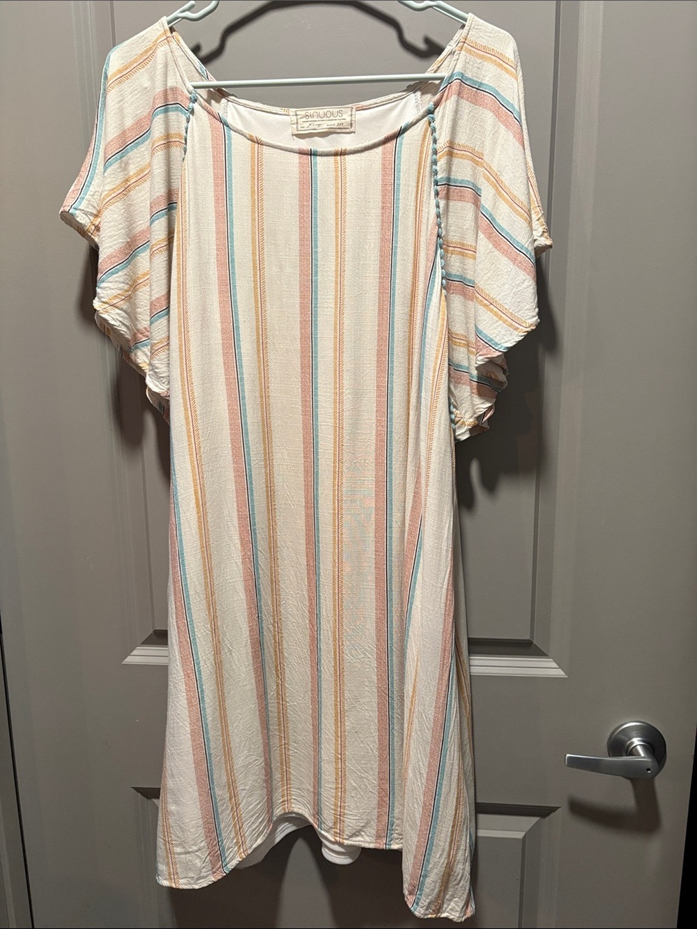 Sinuous Striped Midi Dress XL Cream Pastel Flutter Sleeve Made USA